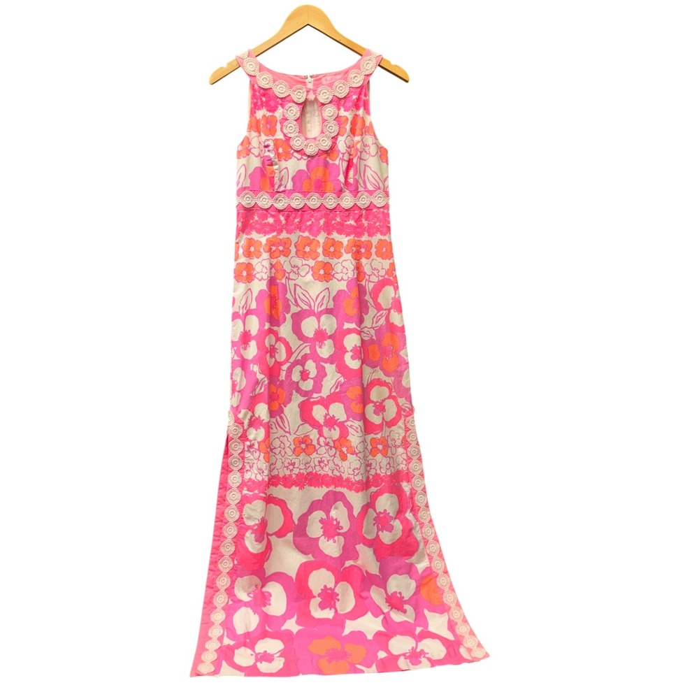Lilly Pulitzer Maxi Dress Womens 4 Didi Pansy Dance Pink Floral Crochet Detail